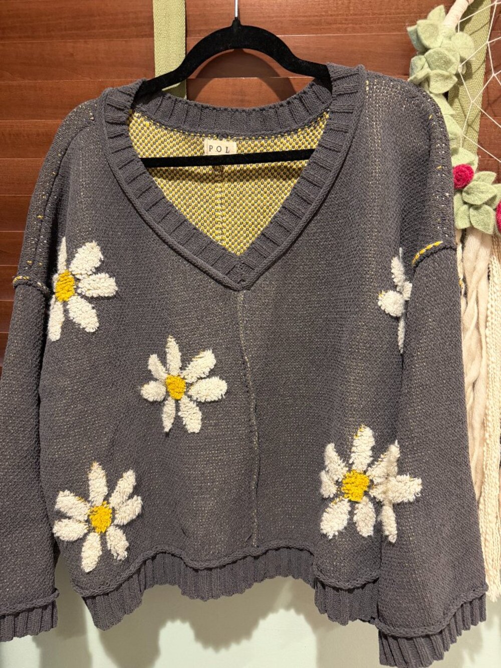 POL Clothing Daisy Embroidered V-Neck Sweater